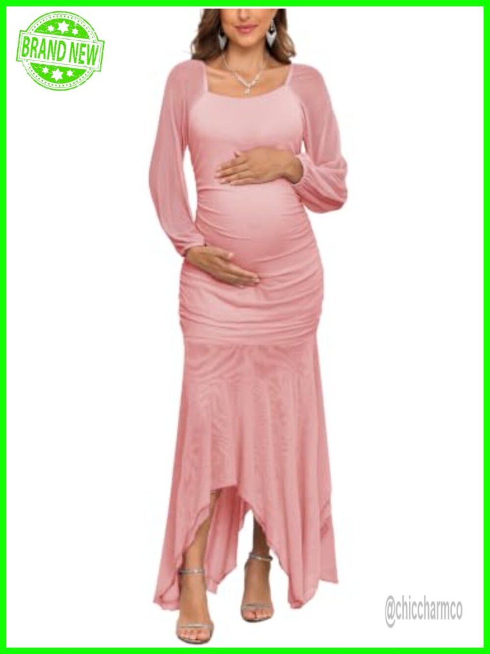 Maternity Ruched Maxi Dress Mesh Bodycon Mermaid Handkerchief Hem